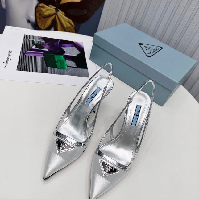 PRADA 26S SLINGBACK PUMPS STILETTO HEEL 95MM IN SILVER MESH WITH LOGO