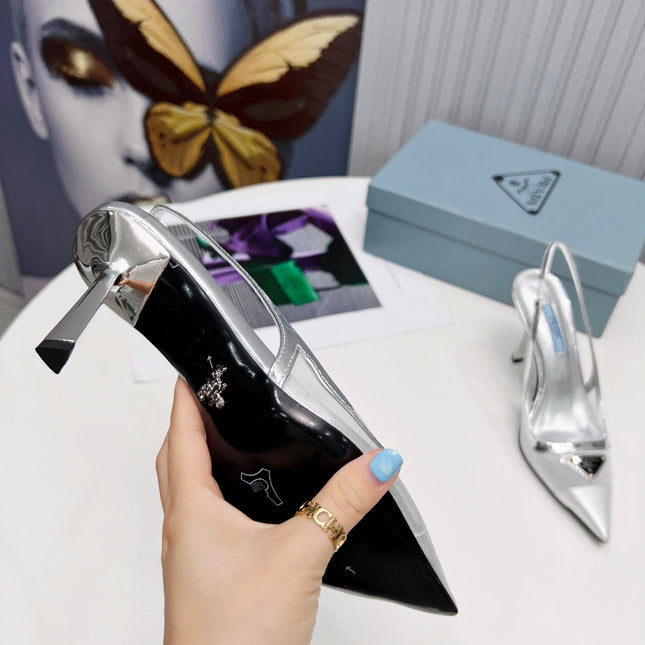 PRADA 26S SLINGBACK PUMPS STILETTO HEEL 95MM IN SILVER MESH WITH LOGO