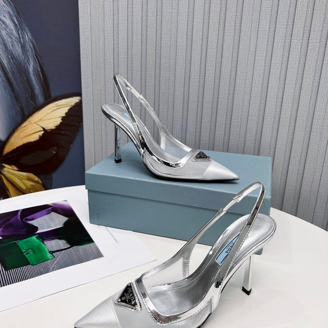 PRADA 26S SLINGBACK PUMPS STILETTO HEEL 95MM IN SILVER MESH WITH LOGO