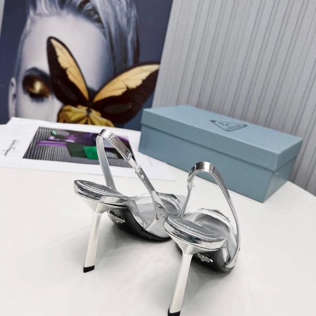 PRADA 26S SLINGBACK PUMPS STILETTO HEEL 95MM IN SILVER MESH WITH LOGO