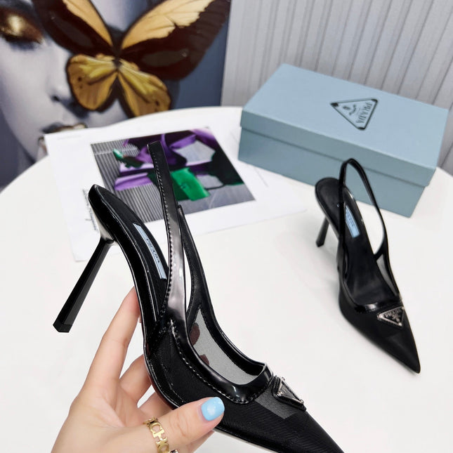 PRADA 26S SLINGBACK PUMPS STILETTO HEEL 95MM IN BLACK MESH WITH LOGO