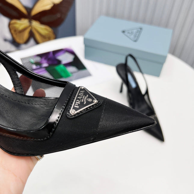 PRADA 26S SLINGBACK PUMPS STILETTO HEEL 95MM IN BLACK MESH WITH LOGO