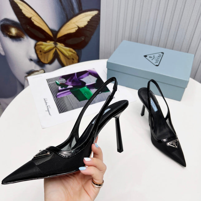 PRADA 26S SLINGBACK PUMPS STILETTO HEEL 95MM IN BLACK MESH WITH LOGO