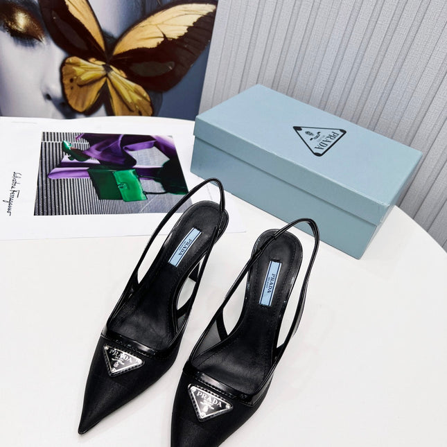 PRADA 26S SLINGBACK PUMPS STILETTO HEEL 95MM IN BLACK MESH WITH LOGO
