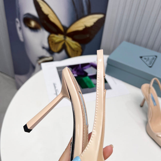 PRADA 26S SLINGBACK PUMPS STILETTO HEEL 95MM IN NUDE BEIGE CALFSKIN LOGO