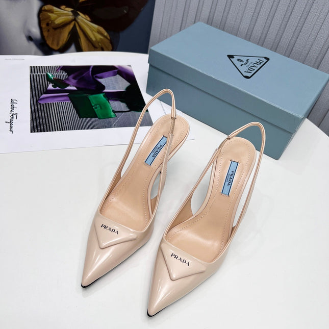 PRADA 26S SLINGBACK PUMPS STILETTO HEEL 95MM IN NUDE BEIGE CALFSKIN LOGO
