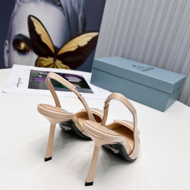 PRADA 26S SLINGBACK PUMPS STILETTO HEEL 95MM IN NUDE BEIGE CALFSKIN LOGO
