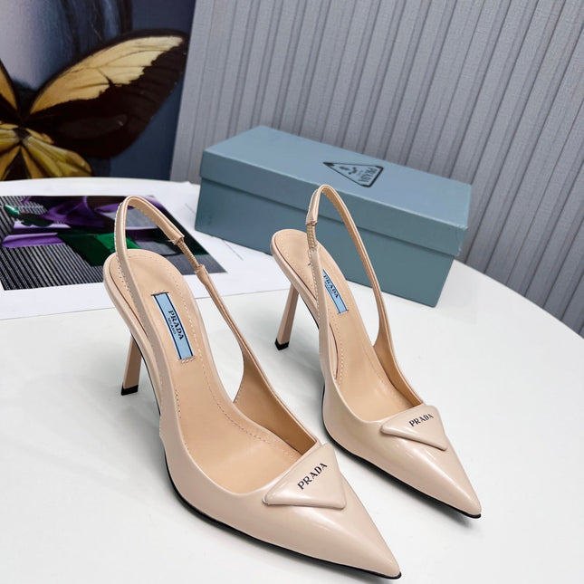 PRADA 26S SLINGBACK PUMPS STILETTO HEEL 95MM IN NUDE BEIGE CALFSKIN LOGO