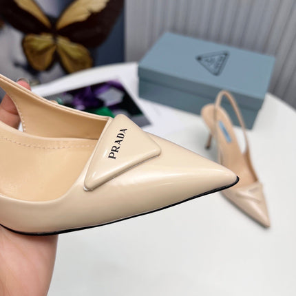 PRADA 26S SLINGBACK PUMPS STILETTO HEEL 95MM IN NUDE BEIGE CALFSKIN LOGO