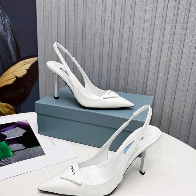PRADA 26S SLINGBACK PUMPS STILETTO HEEL 95MM IN WHITE PATENT CALFSKIN LOGO