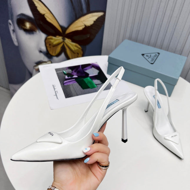 PRADA 26S SLINGBACK PUMPS STILETTO HEEL 95MM IN WHITE PATENT CALFSKIN LOGO