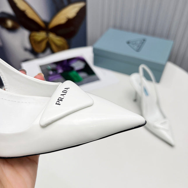 PRADA 26S SLINGBACK PUMPS STILETTO HEEL 95MM IN WHITE PATENT CALFSKIN LOGO