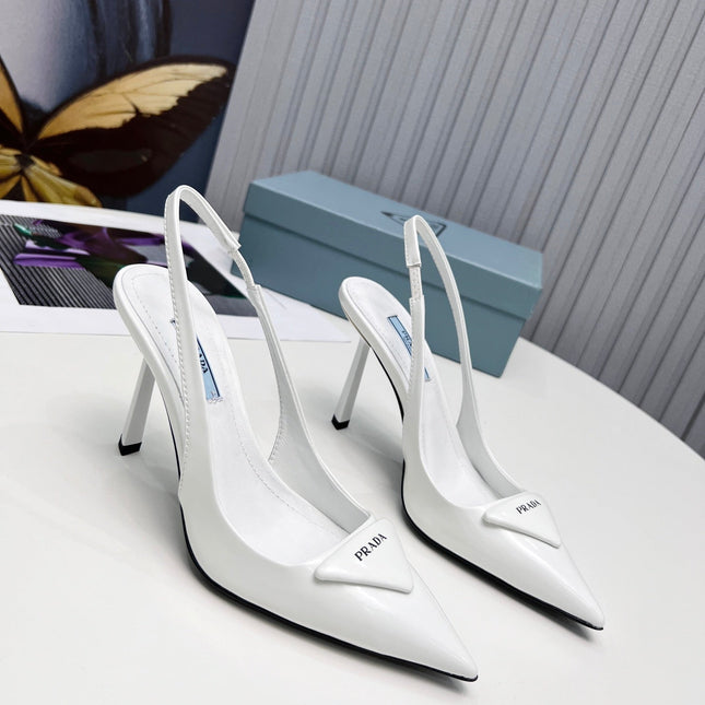 PRADA 26S SLINGBACK PUMPS STILETTO HEEL 95MM IN WHITE PATENT CALFSKIN LOGO