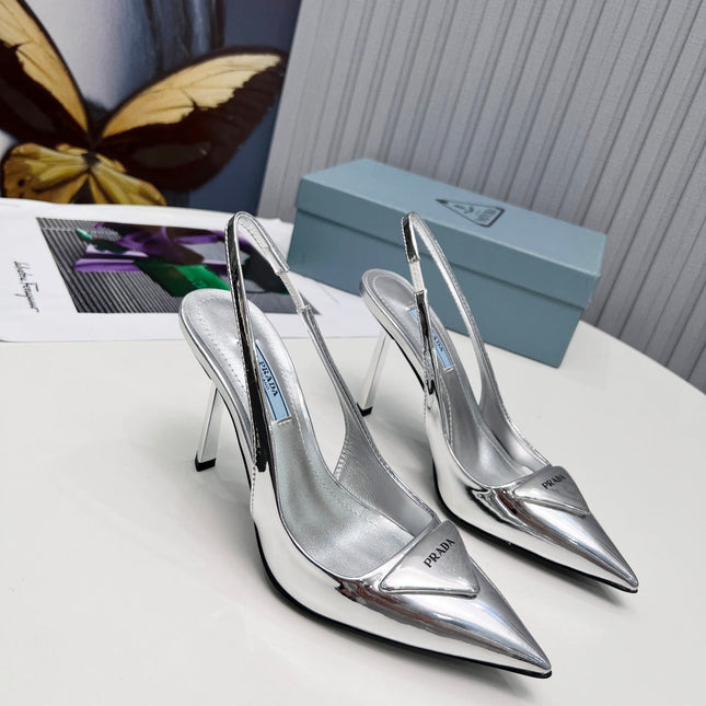 PRADA 26S SLINGBACK PUMPS STILETTO HEEL 95MM IN SILVER PATENT CALFSKIN LOGO