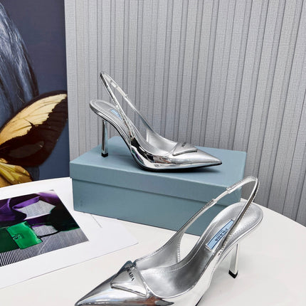 PRADA 26S SLINGBACK PUMPS STILETTO HEEL 95MM IN SILVER PATENT CALFSKIN LOGO