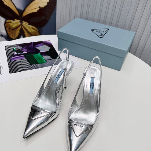 PRADA 26S SLINGBACK PUMPS STILETTO HEEL 95MM IN SILVER PATENT CALFSKIN LOGO