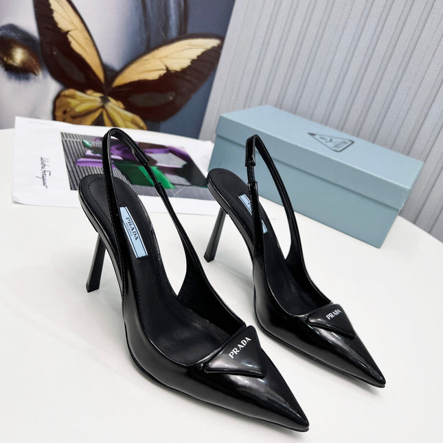 PRADA 26S SLINGBACK PUMPS STILETTO HEEL 95MM IN BLACK PATENT CALFSKIN LOGO