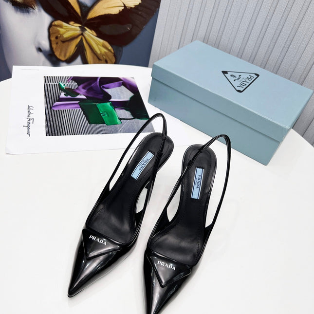 PRADA 26S SLINGBACK PUMPS STILETTO HEEL 95MM IN BLACK PATENT CALFSKIN LOGO