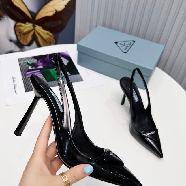 PRADA 26S SLINGBACK PUMPS STILETTO HEEL 95MM IN BLACK PATENT CALFSKIN LOGO