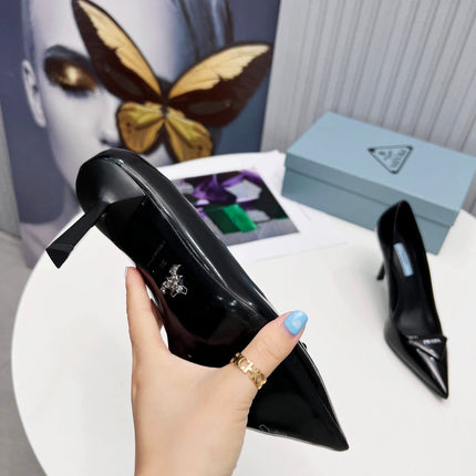 PRADA 26S POINTED TOE PUMPS STILETTO HEEL 95MM IN BLACK PATENT CALFSKIN LOGO