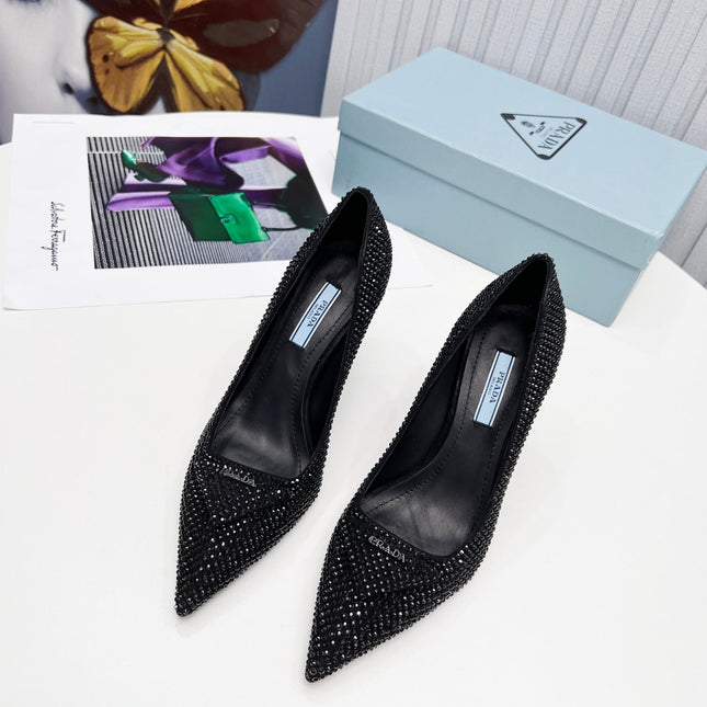 PRADA 26S POINTED TOE PUMPS STILETTO HEEL 95MM IN CRYSTAL EMBELLISHED STYLE 2