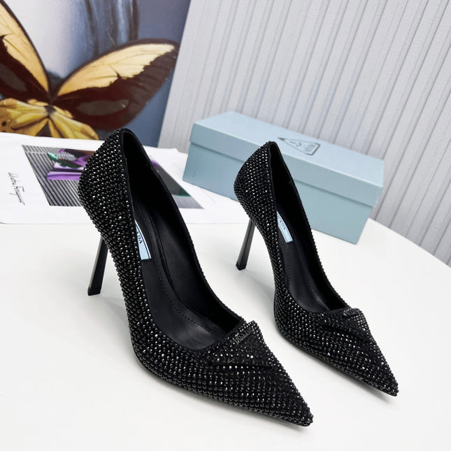 PRADA 26S POINTED TOE PUMPS STILETTO HEEL 95MM IN CRYSTAL EMBELLISHED STYLE 2