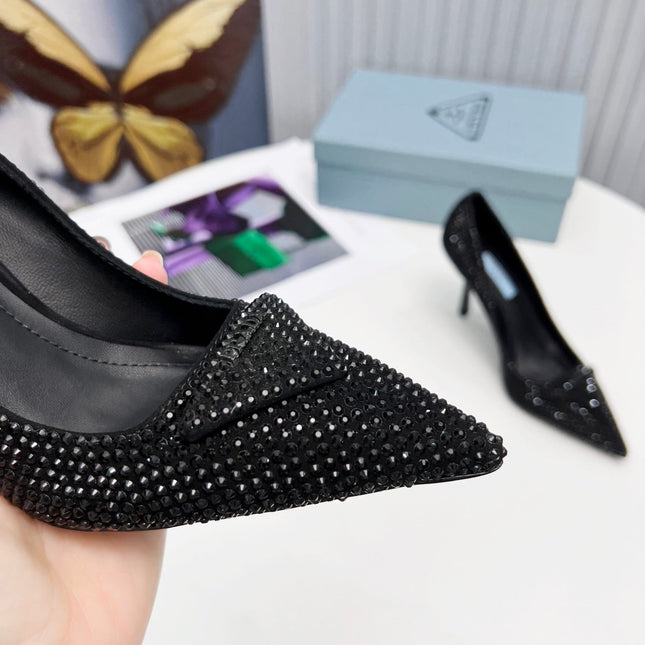 PRADA 26S POINTED TOE PUMPS STILETTO HEEL 95MM IN CRYSTAL EMBELLISHED STYLE 2