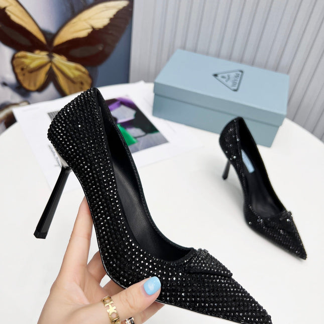PRADA 26S POINTED TOE PUMPS STILETTO HEEL 95MM IN CRYSTAL EMBELLISHED STYLE 2