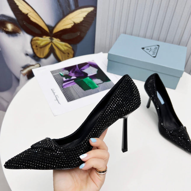PRADA 26S POINTED TOE PUMPS STILETTO HEEL 95MM IN CRYSTAL EMBELLISHED STYLE 2