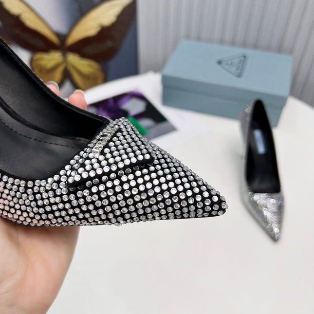 PRADA 26S POINTED TOE PUMPS STILETTO HEEL 95MM IN CRYSTAL EMBELLISHED STYLE 1