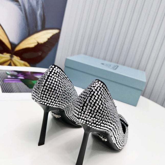 PRADA 26S POINTED TOE PUMPS STILETTO HEEL 95MM IN CRYSTAL EMBELLISHED STYLE 1