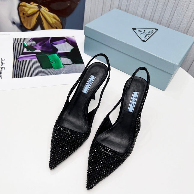 PRADA 26S SLINGBACK PUMPS STILETTO HEEL 95MM IN CRYSTAL EMBELLISHED STYLE 2