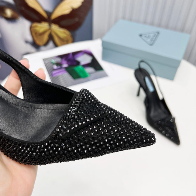 PRADA 26S SLINGBACK PUMPS STILETTO HEEL 95MM IN CRYSTAL EMBELLISHED STYLE 2