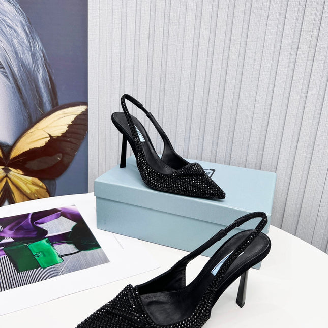 PRADA 26S SLINGBACK PUMPS STILETTO HEEL 95MM IN CRYSTAL EMBELLISHED STYLE 2