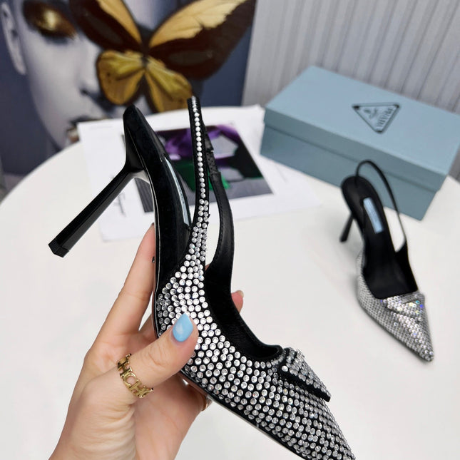 PRADA 26S SLINGBACK PUMPS STILETTO HEEL 95MM IN CRYSTAL EMBELLISHED STYLE 1