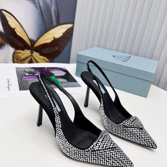 PRADA 26S SLINGBACK PUMPS STILETTO HEEL 95MM IN CRYSTAL EMBELLISHED STYLE 1