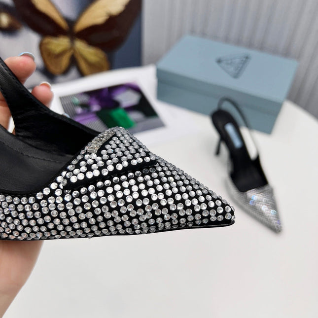 PRADA 26S SLINGBACK PUMPS STILETTO HEEL 95MM IN CRYSTAL EMBELLISHED STYLE 1