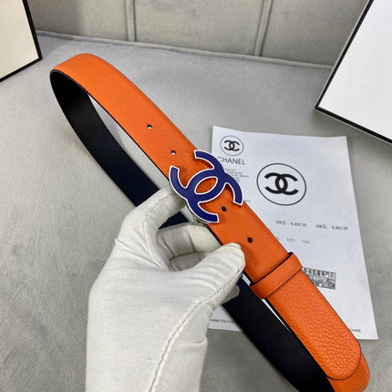 CC 30MM BELT IN FIRE ORANGE GRAINED CALFSKIN WITH NAVY BLUE METAL LOGO