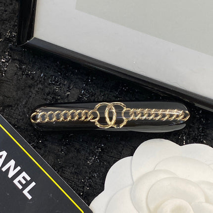 CHANEL 26S DOUBLE C LOGO CHAIN BAR HAIR CLIP IN BLACK RESIN & GOLD METAL 629928