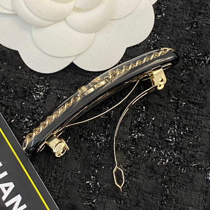 CHANEL 26S DOUBLE C LOGO CHAIN BAR HAIR CLIP IN BLACK RESIN & GOLD METAL 629928