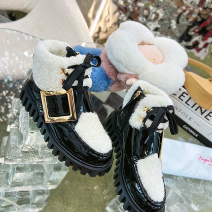 VIV' GO THICK ANKLE BOOTS IN BLACK CALFSKIN AND SHEARLING WITH GOLD BUCKLE