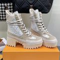 LAUREATE PLATFORM BOOTS IN OAT TAN SUEDE AND MONOGRAM JACQUARD PATTERN
