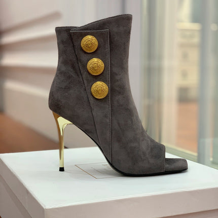 BALMAIN 26S OPEN-TOE BOOTS 95 MM IN GRAYISH BROWN SUEDE