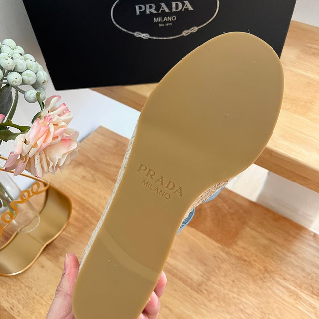 PRADA 26S CROSS STRAP ESPADRILLE WEDGE SANDALS IN SKY BLUE CALFSKIN
