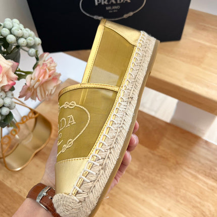 PRADA 26S EMBROIDERED LOGO ESPADRILLE FLATS IN GOLD MESH AND CALFSKIN