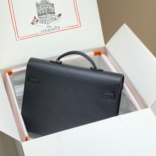 KELLY DEPECHES 38 BRIEFCASE IN BLACK TOGO CALFSKIN SILVER HARDWARE