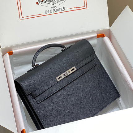 KELLY DEPECHES 34 BRIEFCASE IN BLACK TOGO CALFSKIN SILVER HARDWARE