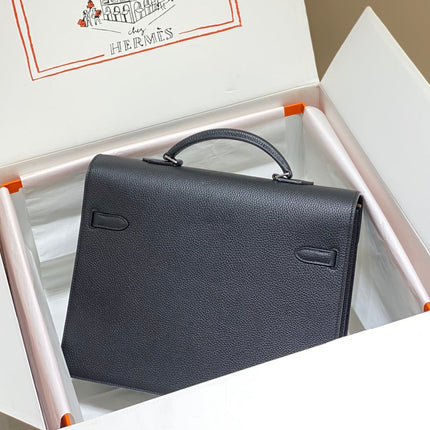 KELLY DEPECHES 34 BRIEFCASE IN BLACK TOGO CALFSKIN SILVER HARDWARE