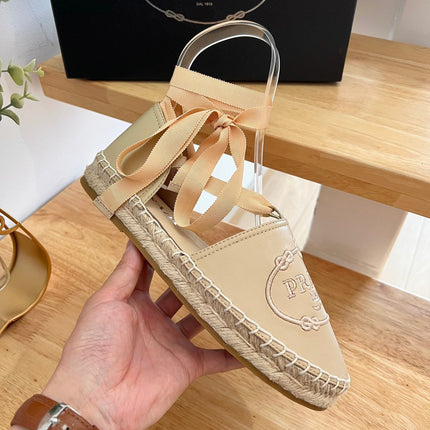 PRADA 26S LACE UP ESPADRILLE FLATS IN BEIGE CALFSKIN