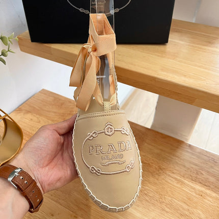 PRADA 26S LACE UP ESPADRILLE FLATS IN BEIGE CALFSKIN
